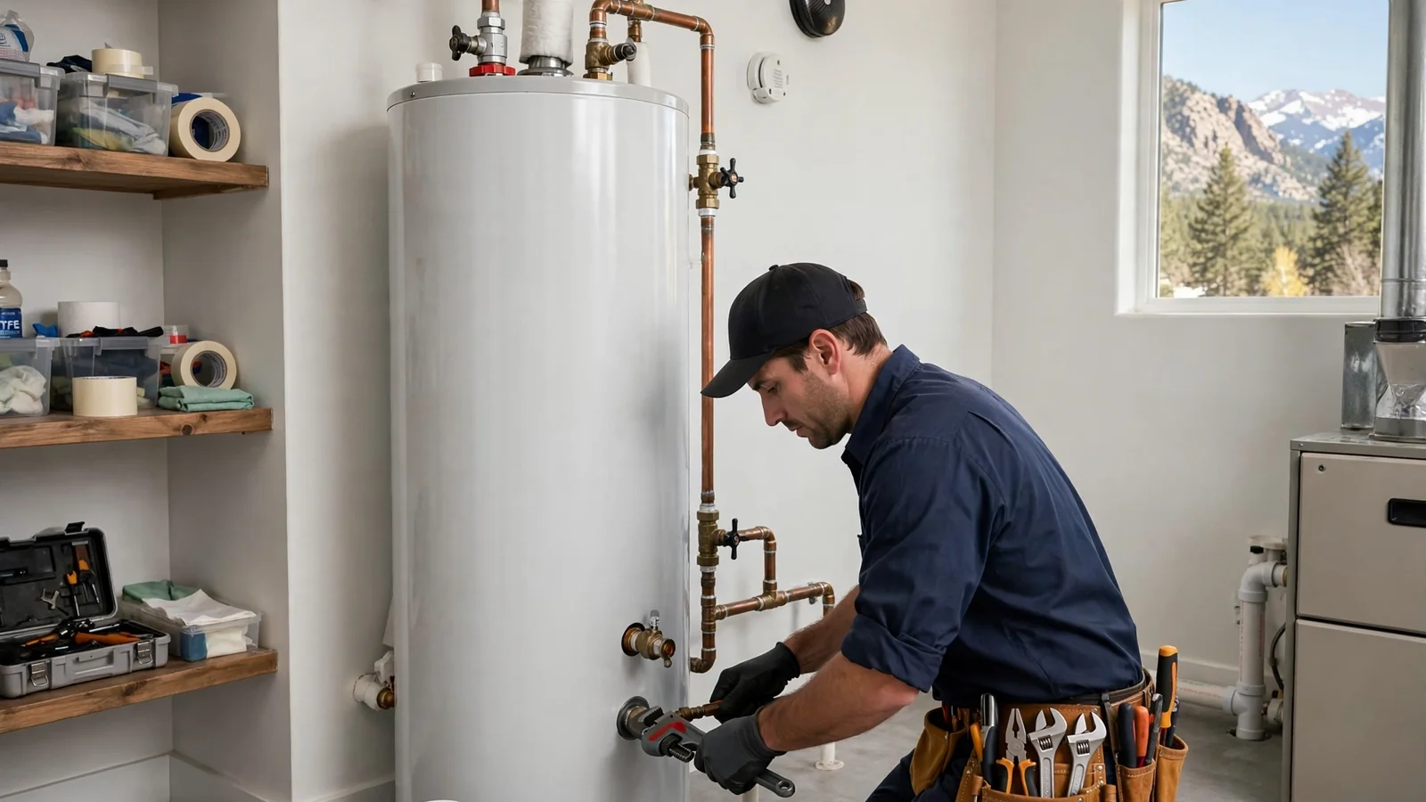 Plumber repairing a water heater in a Broomfield, Colorado home
